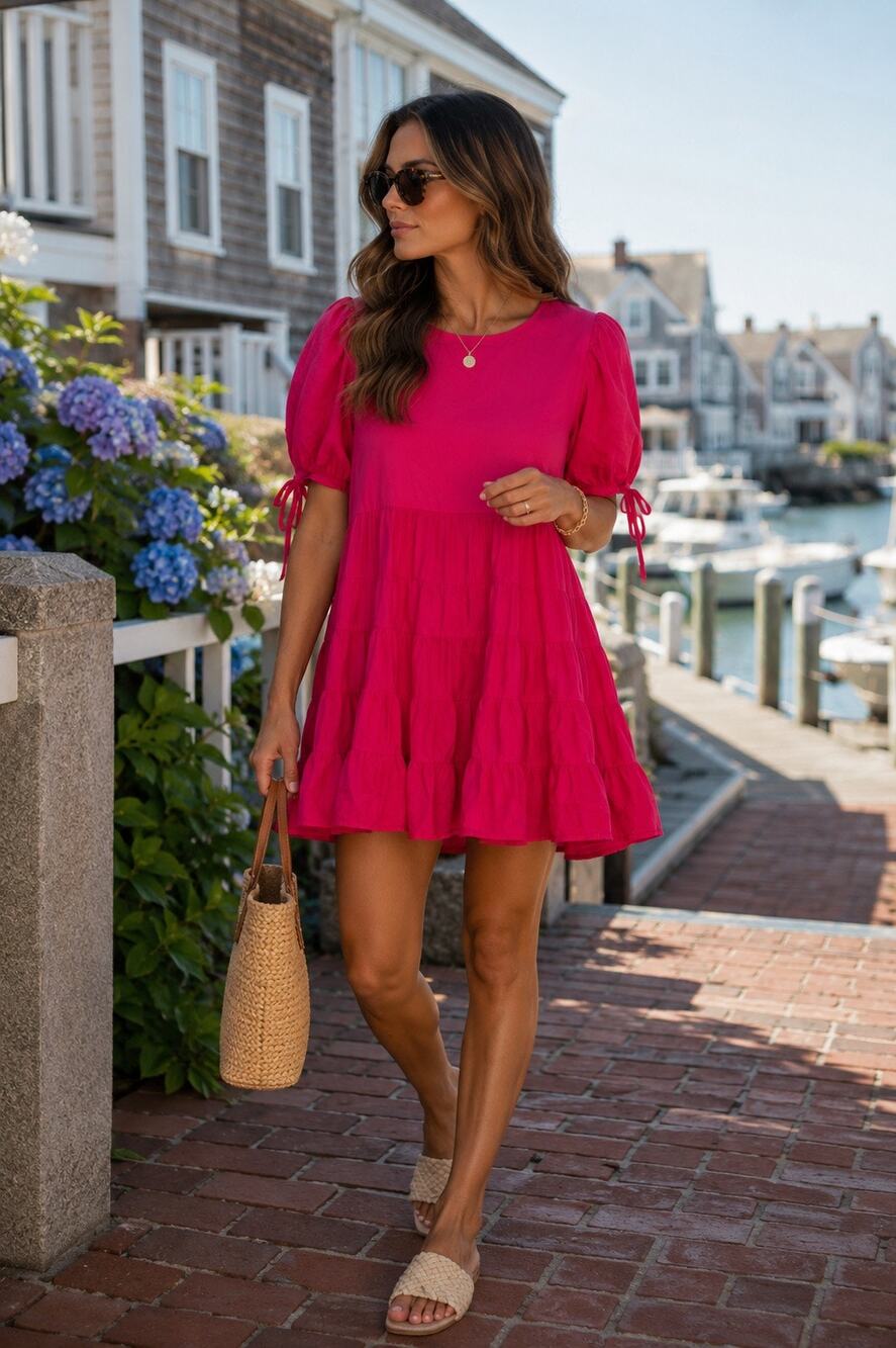Merlette 100% Cotton Hot Pink Sering Tiered Ruffle Swing Mini Dress Size Small